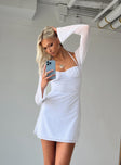 Front view of model wearing  front Princess Polly Square Neck  Dyer Sheer Sleeve Mini Dress White Tall