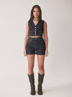 back view of model wearing Princess Polly Rathlyn Pinstripe Shorts Dark Denim High Waisted Shorts 