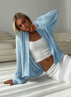 back view of model wearing Princess Polly Abner Cable Cardigan Blue regular 