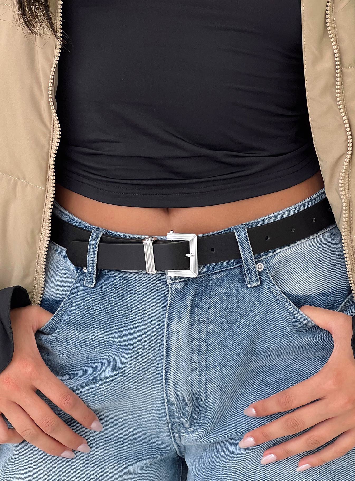 Faux leather belt, silver-toned buckle