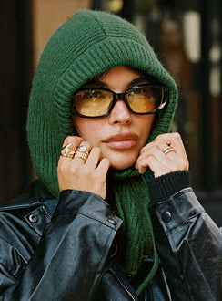 Green Knit Hood  Drawstring tie fastening 