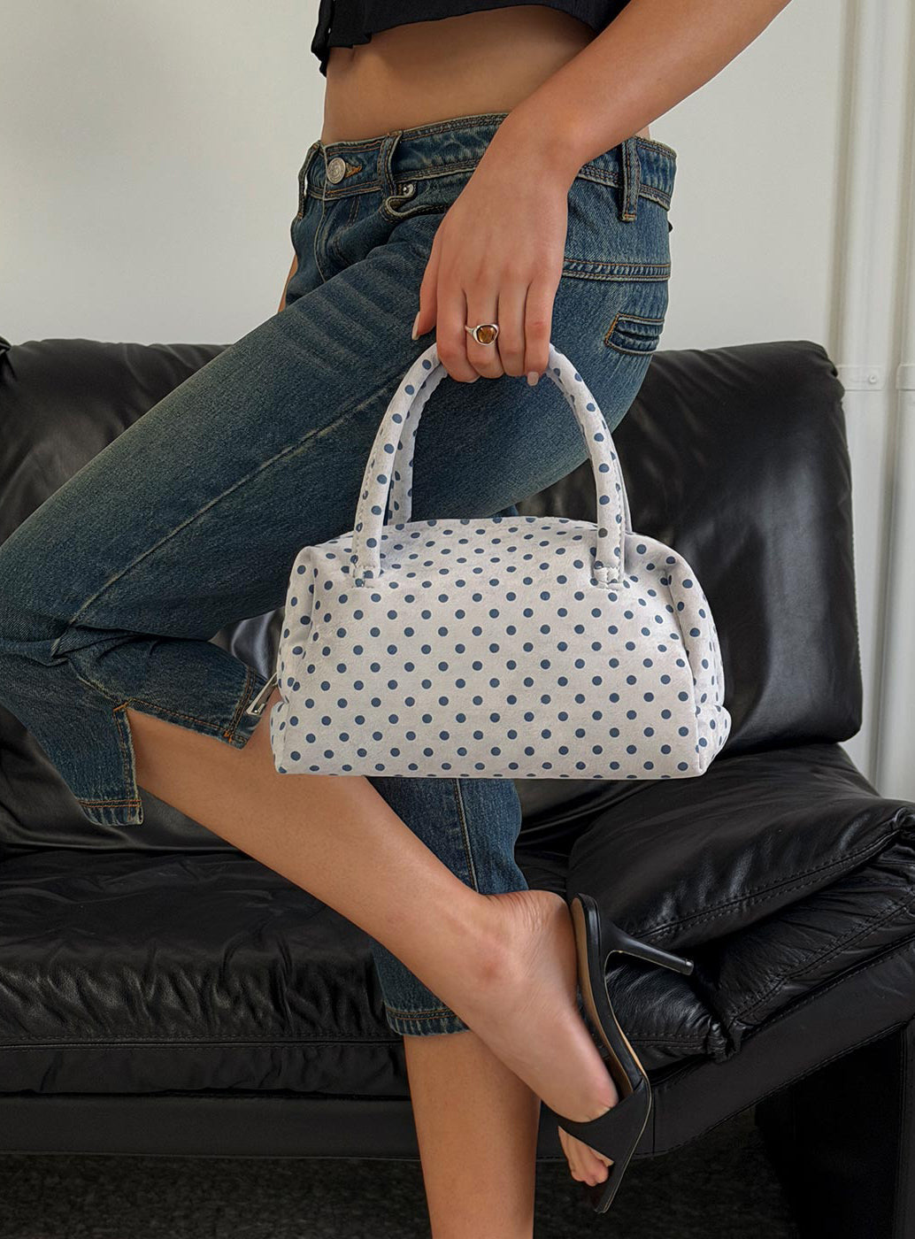 Luellah Faux Suede Boston Bag White / Grey Polka Dot