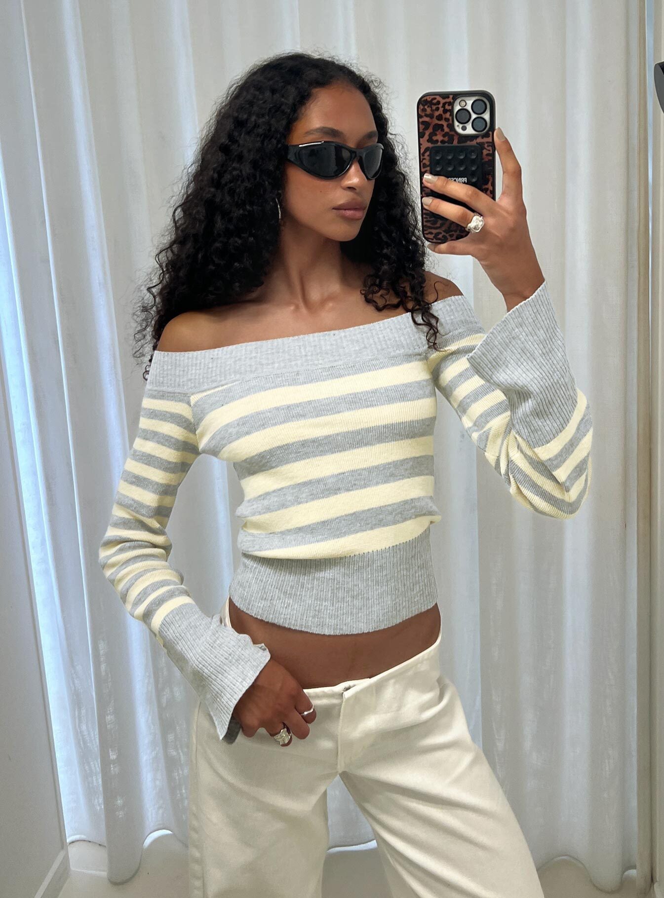 Perrey Long Sleeve Off Shoulder Top Knit Yellow / Grey Stripe
