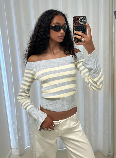 Perrey Long Sleeve Off Shoulder Top Knit Yellow / Grey Stripe