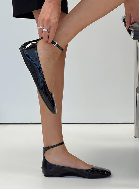 Faux leather ballet flats Single ankle strap with buckle fastening, square toe, padded footbed