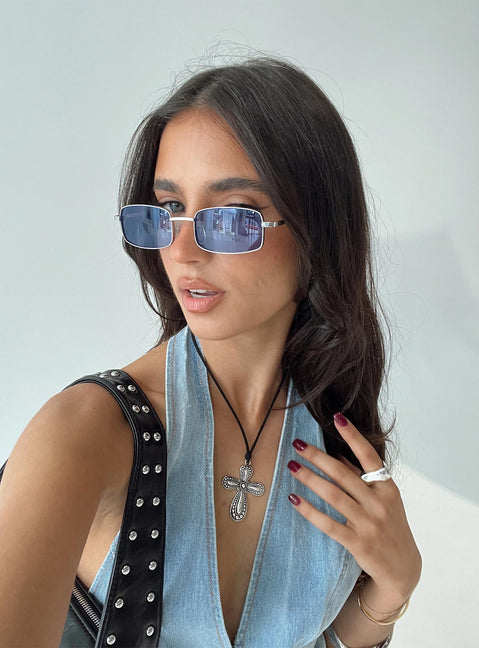 Rectangular sunglasses Silver-toned metal frame, blue-tinted lens, silicone nose pads