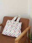 Tote bag multi check print Fixed shoulder straps open design one main compartment