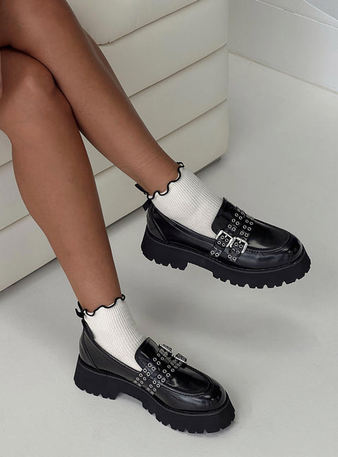 Faux leather loafers Silver-toned hardware Rounded toe, treaded sole, padded footbed, buckle detail, slip-on design