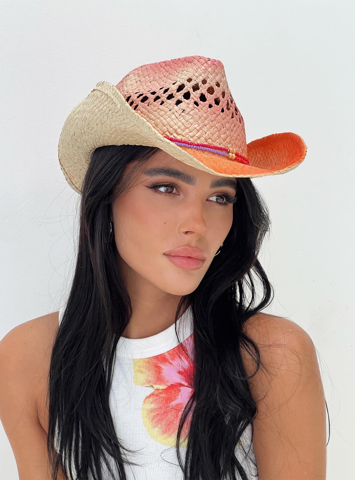 Straw cowboy hat Moulded brim, ombre design, beaded detail