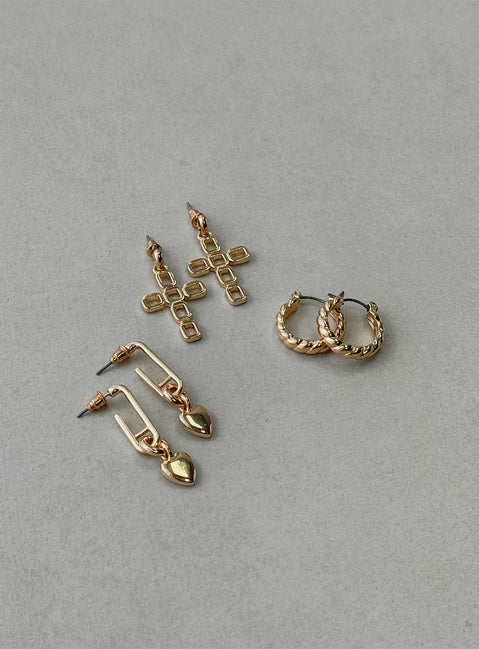 Gold toned earring pack Pack of three pairs, hoop design, stud & clasp fastening