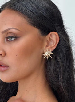 Gold-toned earrings Sun design, stud fastening, heavyweight