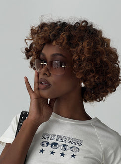 Sunglasses Frameless, brown-tinted lenses, slim silver-toned arms, silicone nose pads