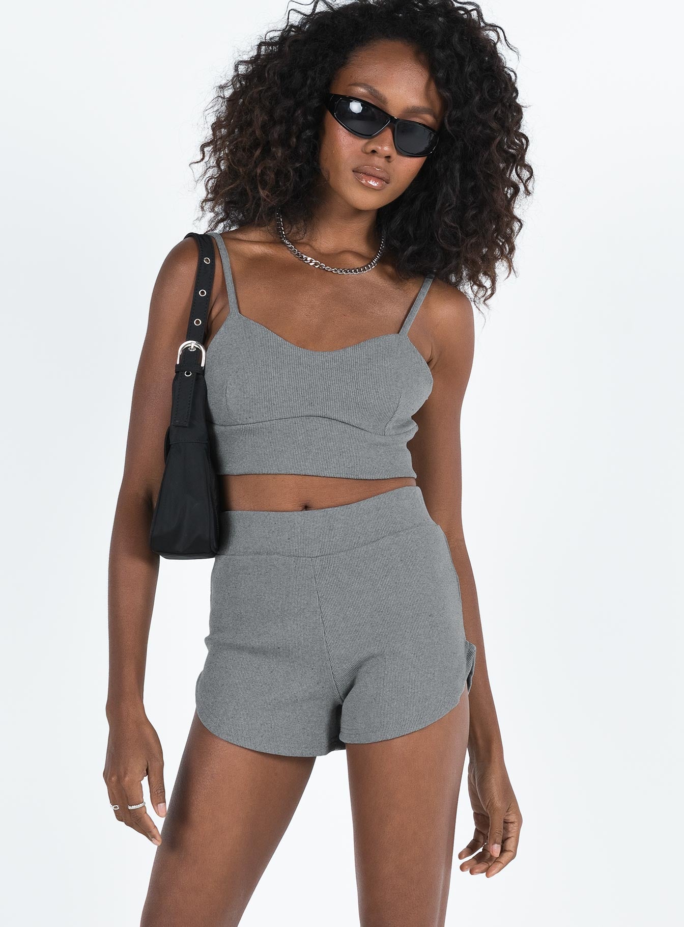 Grey matching set Crop top Adjustable shoulder straps Sweetheart neckline Bike shorts Thick elasticated waistband Good stretch Unlined