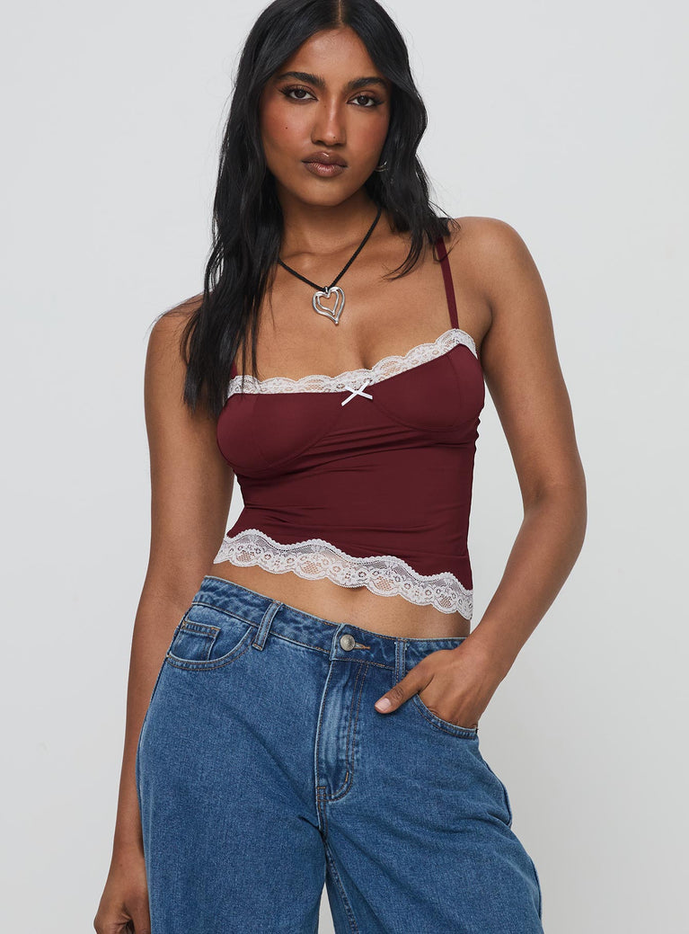 front view of model wearing Princess Polly Top Model Cami Burgundy Sleeveless Sweetheart 