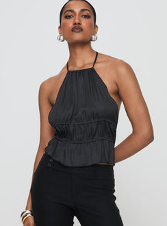 front view of model wearing Princess Polly Legacy Halter Top Onyx Sleeveless High Neck 