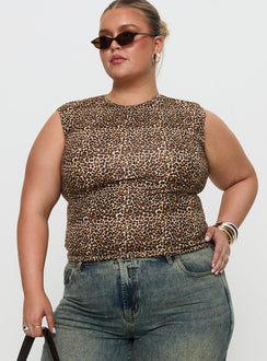 front view of model wearing Princess Polly Lure Top Leopard Curve Sleeveless Crew Neck 