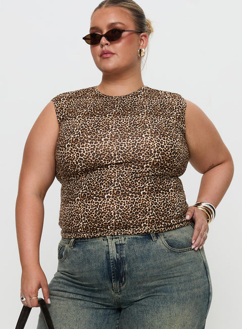 front view of model wearing Princess Polly Lure Top Leopard Curve Sleeveless Crew Neck 