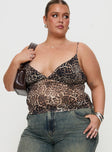 side view of model wearing Princess Polly Fast Times Top Leopard Curve Sleeveless Plunger 