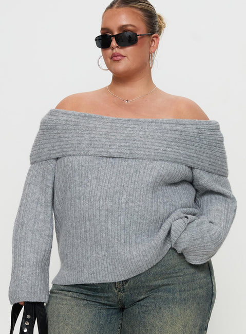 front view of model wearing Princess Polly Snowie Off Shoulder Knit Sweater Grey Curve 