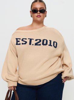 front view of model wearing Princess Polly Jadynn Off Shoulder Knit Sweater Cream Curve 