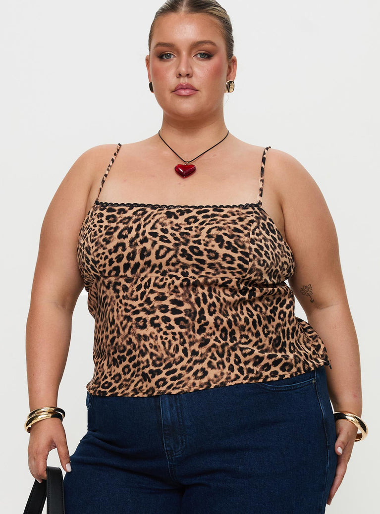 front view of model wearing Princess Polly Jaquelyn Top Leopard Curve Sleeveless Square Neck 