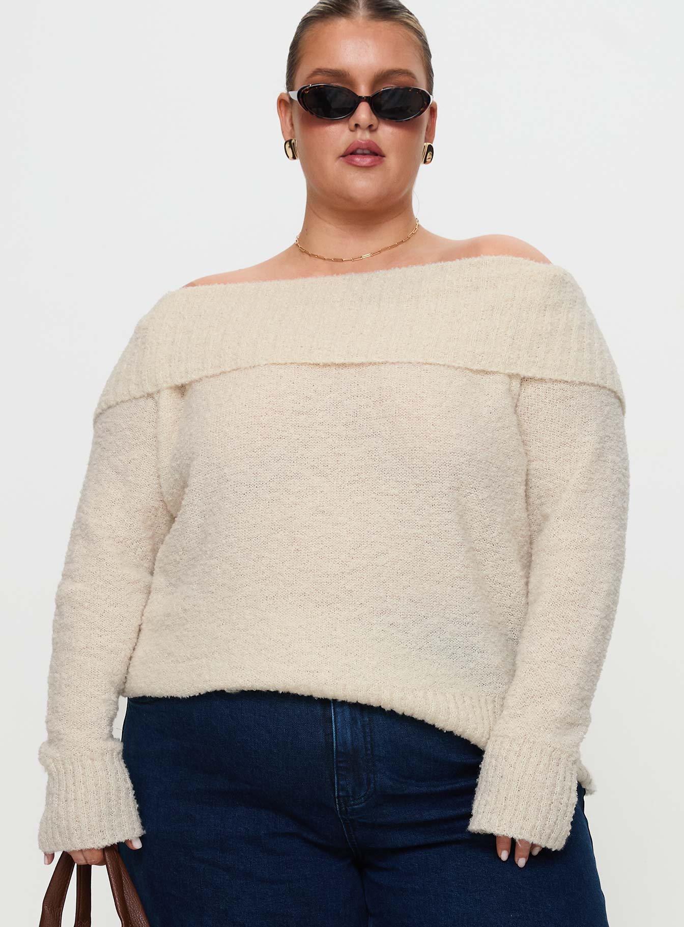 front view of model wearing Princess Polly Parkley Boucle Off The Shoulder Cream Curve 