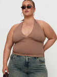 front view of model wearing Princess Polly Whimsy Halter Top Chocolate Curve Sleeveless Plunger 