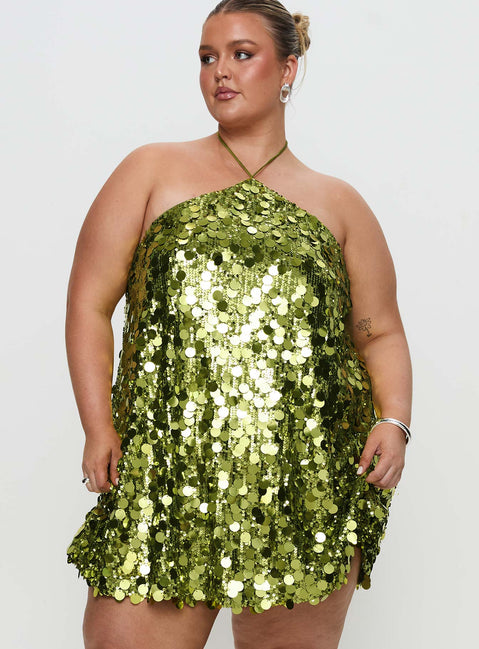 front view of model wearing Princess Polly Fluorescents Halter Mini Dress Green Curve Asymmetric Neckline 