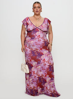 front view of model wearing Princess Polly Soleila Maxi Dress Purple Multi Curve Plunger 