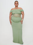 front view of model wearing Princess Polly Gwendolen Off The Shoulder Maxi Dress Green Curve Straight Neck 