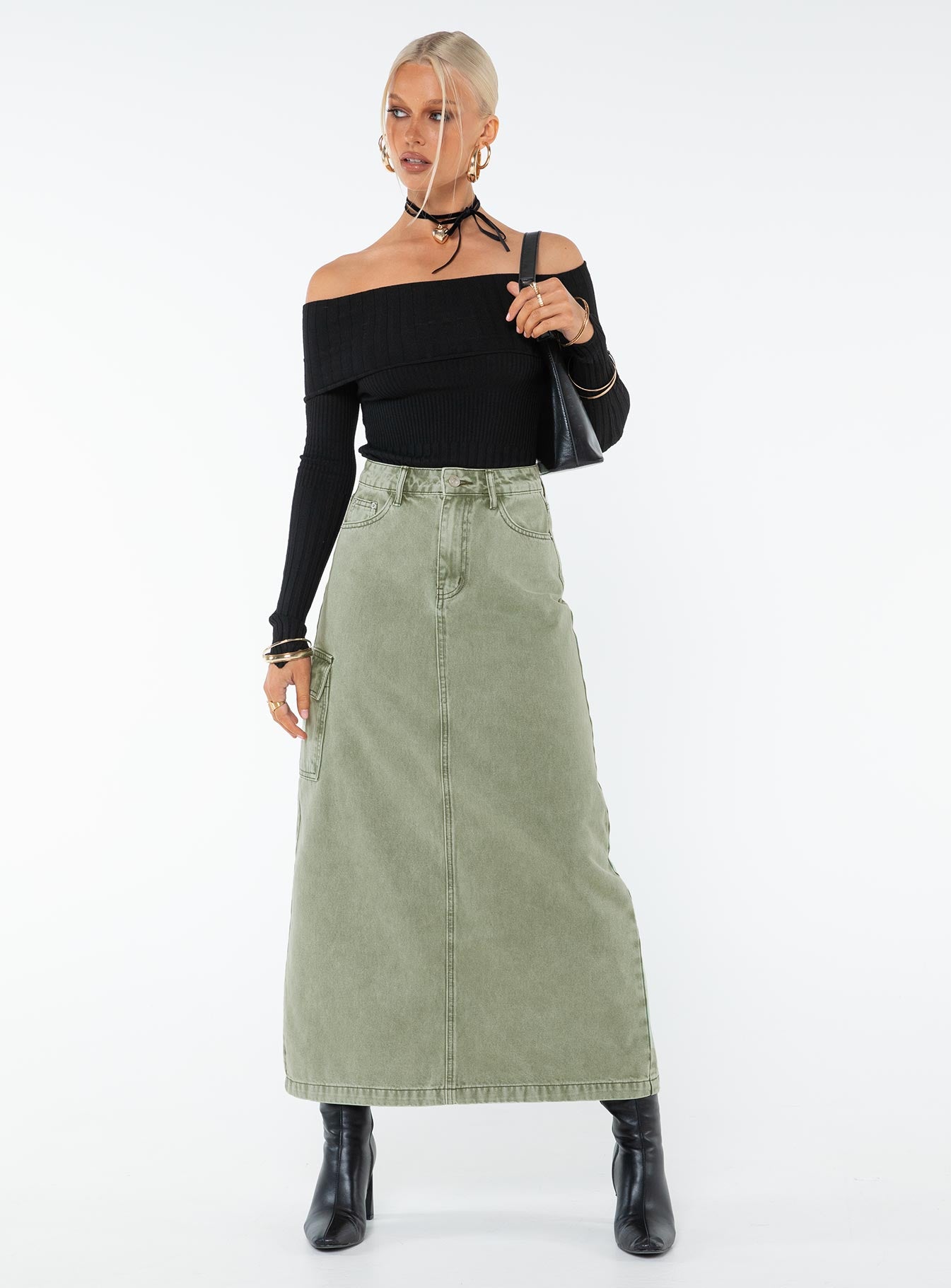 Green denim midi on sale skirt