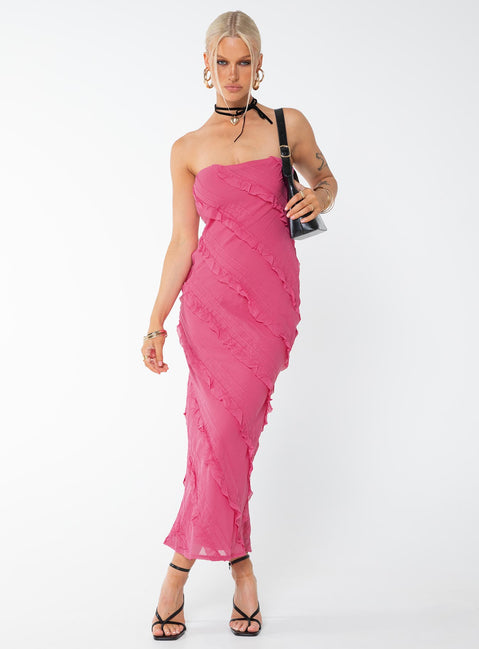 Front view of model wearing  front Princess Polly Asymmetric Neckline  Baylie Maxi Dress Hot Pink