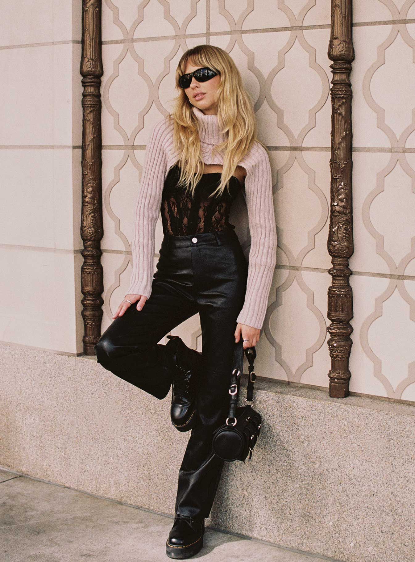 front view of model wearing Princess Polly Macey Pants Black Petite High Waisted Pants 