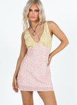 Princess Polly V-Neck  Nellie Two Tone Mini Dress Yellow / Pink Floral