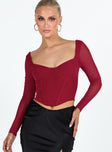 front view of model wearing Princess Polly Bruna Top Long Sleeve Red Lower Impact Full Sleeves Sweetheart 