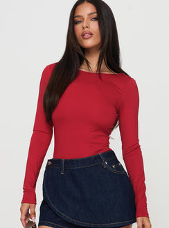 front view of model wearing Princess Polly Beresford Long Sleeve Bodysuit Wine Full Sleeves 