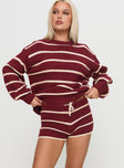 front view of model wearing Princess Polly Read Your Mind Knit Short Maroon Stripe Low Rise Shorts 