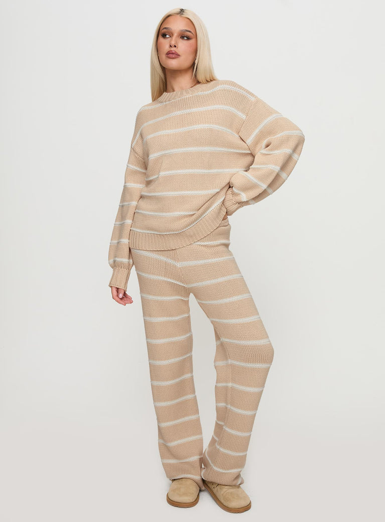 front view of model wearing Princess Polly Read Your Mind Knit Sweater Cream Stripe 