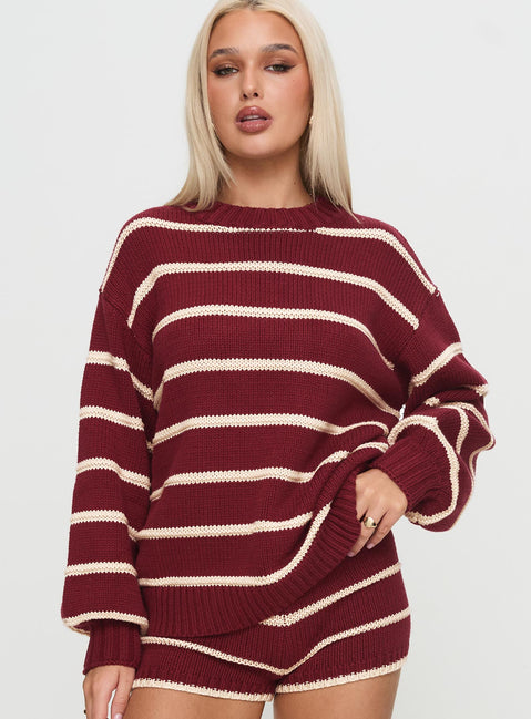 front view of model wearing Princess Polly Read Your Mind Knit Sweater Maroon Stripe 