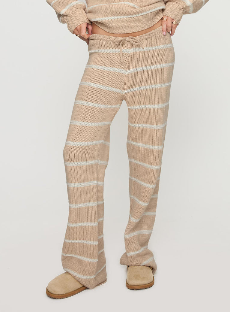 back view of model wearing Princess Polly Read Your Mind Knit Pant Cream Stripe High Waisted Pants 