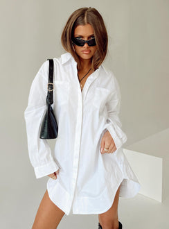 front view of model wearing Princess Polly Koumi Mini Shirt Dress White V-Neck 