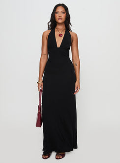 front view of model wearing Princess Polly Tinisie Maxi Dress Black Plunger 