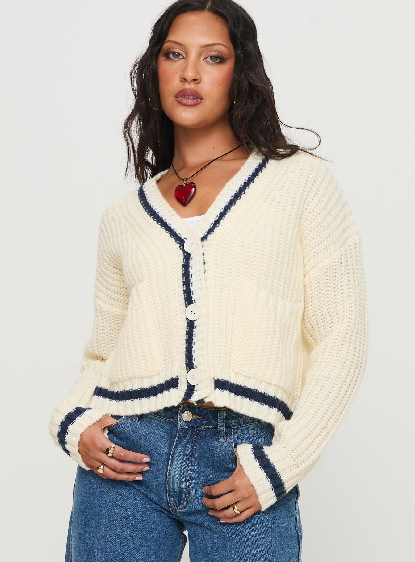 front view of model wearing Princess Polly Tavian Knit Cardigan Navy / Cream 