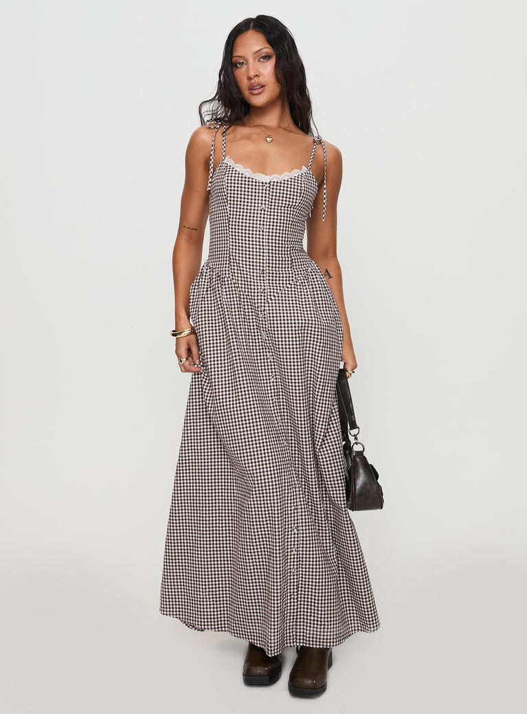 Dalanie Tie Strap Maxi Dress Brown Gingham