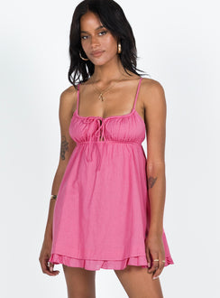 Front view of model wearing  front Princess Polly Square Neck  Empress Of Love Mini Dress Hot Pink