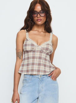 Pretty It Up Tie Detail Top Beige Check