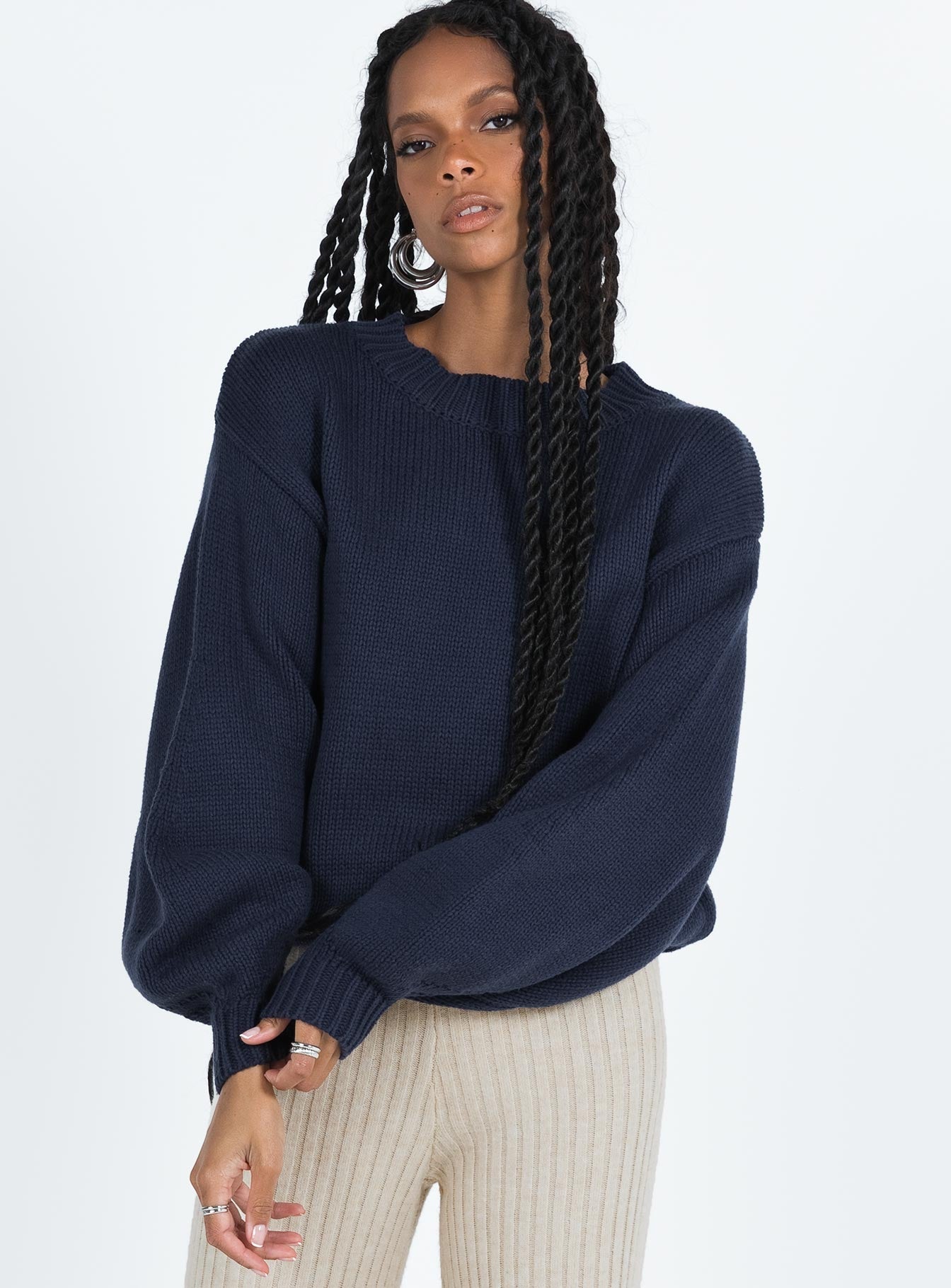 Harmony Balloon Sleeve Knit Sweater Navy | Princess Polly