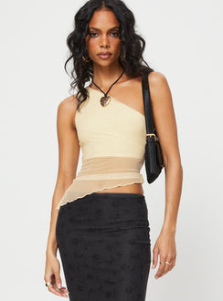 front view of model wearing Princess Polly Gilda Asymmetric Top Cream Sleeveless Asymmetric Neckline 