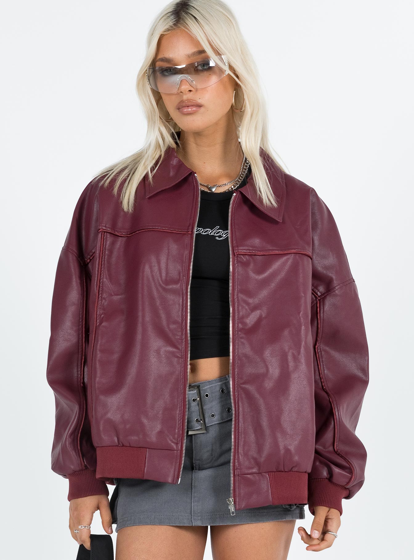 Burgundy bomber jacket Faux leather material  Classic collar  Zip front fastening  Ribbed waistband and cuffs  Twin hip pockets