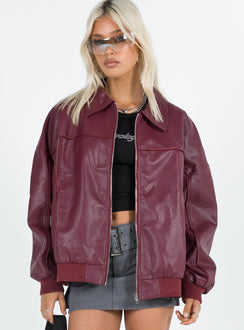 Burgundy bomber jacket Faux leather material  Classic collar  Zip front fastening  Ribbed waistband and cuffs  Twin hip pockets